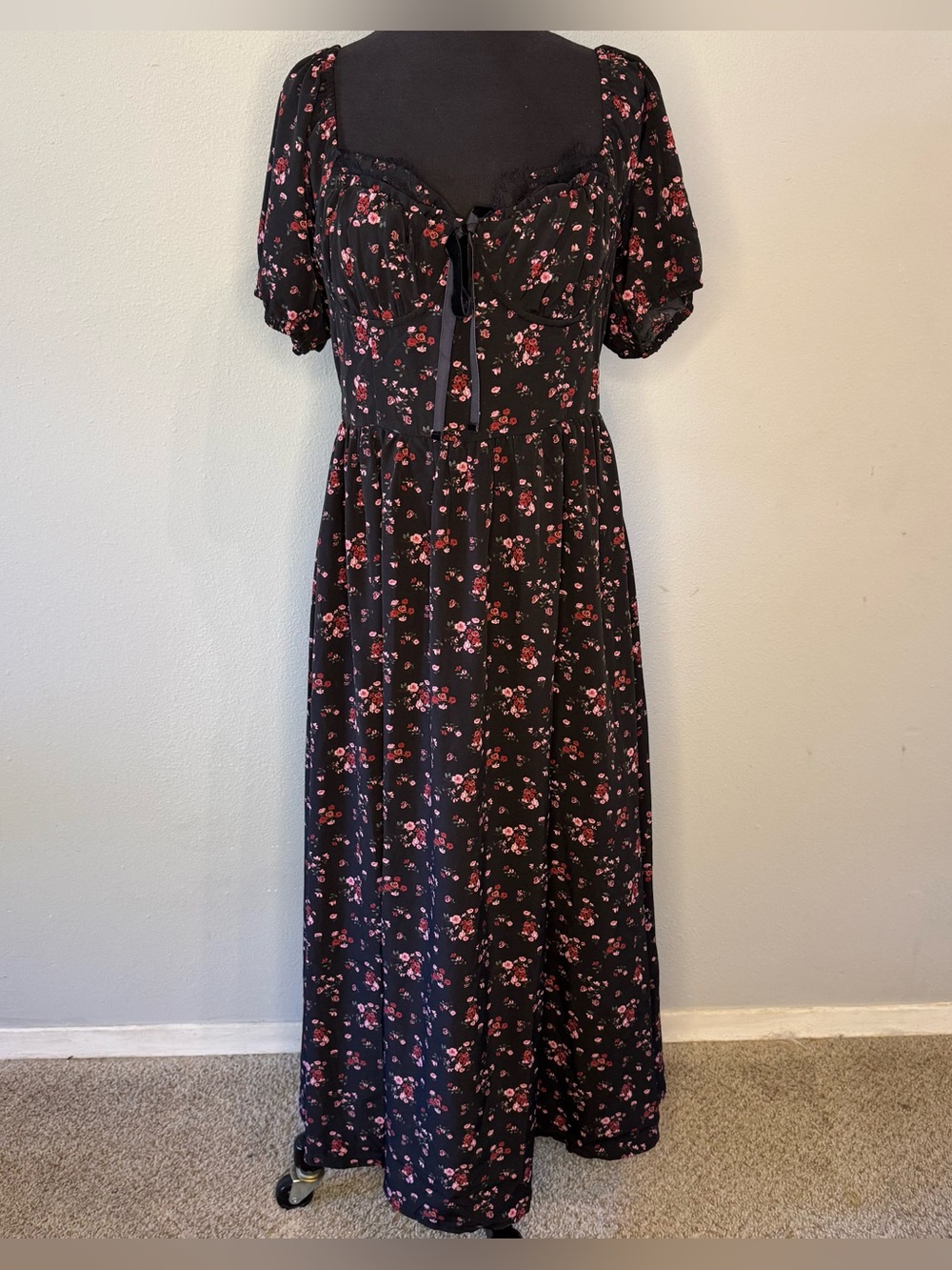 Lulus Lovely Reputation Black Floral Puff Sleeve Bustier Midi Dress XL